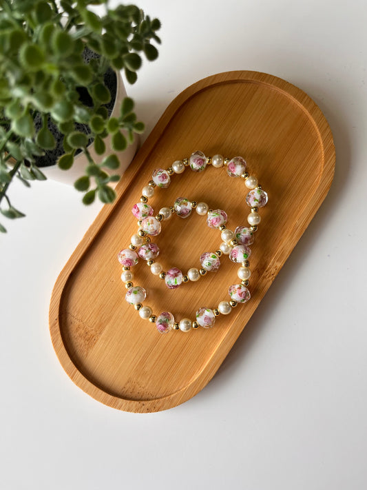 Glass Pink Floral Beaded Bracelet
