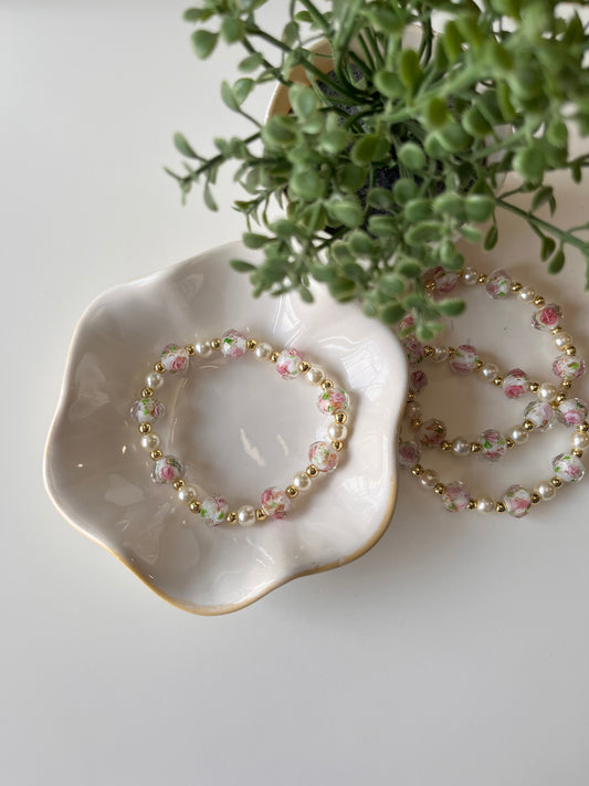 Glass Pink Floral Beaded Bracelet
